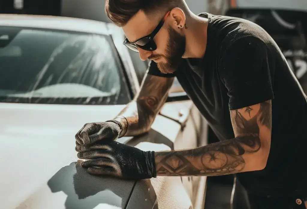 Man waxing car